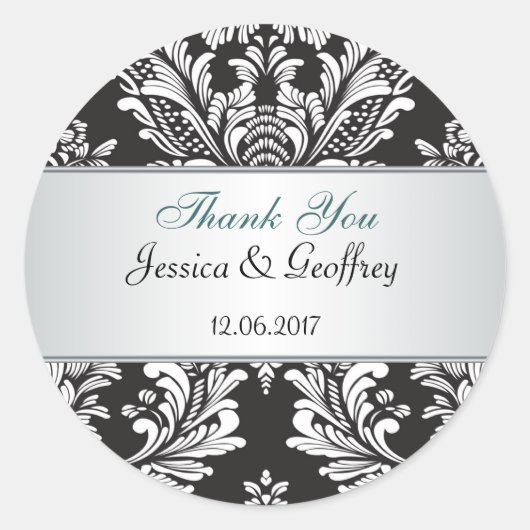 ダマスク白黒ありがとうご結婚ざいます ラウンドシール (正面)