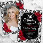 ダマスク白黒シルバーレッド写真50誕生日 招待状<br><div class="desc">エレガントフローラ50歳の誕生日の招待状とカードの後ろの写真。グラム白黒レッドデザインとフェイクグリッター銀。特徴は黒と白のダマスクパターン、赤いバラ、スクリプトのフォントと紙吹雪。大人スタイリッシュのお祝いパーティーに最適。独自の詳細でパーソナライズどんなカスタマイズ年でもいい！印刷されたZazzle招待状または即時ダウンロードのデジタル印刷可能なテンプレート。</div>