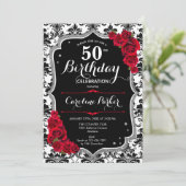 ダマスク白黒シルバーレッド写真50誕生日 招待状 (スタンド正面)