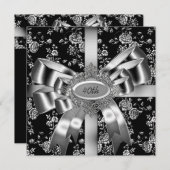 ダマスク白黒ジュエルシルバーボウ40th 招待状 (正面/裏面)