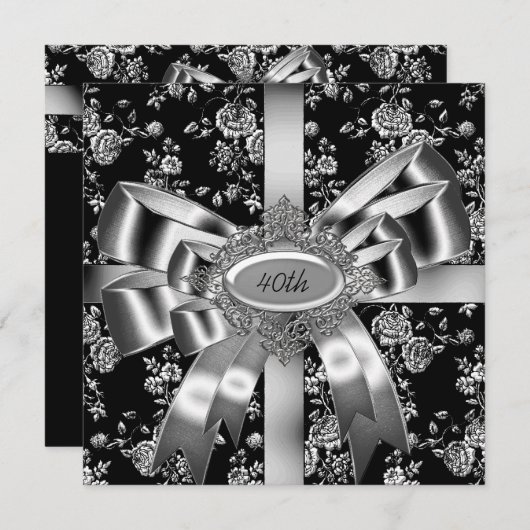 ダマスク白黒ジュエルシルバーボウ40th 招待状 (正面/裏面)