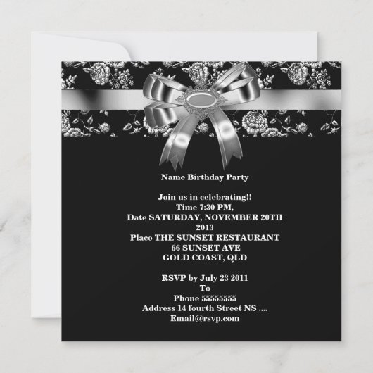 ダマスク白黒ジュエルシルバーボウ40th 招待状 (裏面)