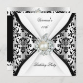 ダマスク白黒パールダイヤモンドバースデーパーティー 招待状 (正面/裏面)
