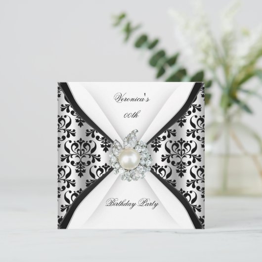 ダマスク白黒パールダイヤモンドバースデーパーティー 招待状 (スタンド正面)