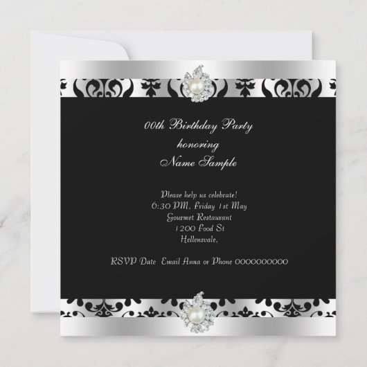 ダマスク白黒パールダイヤモンドバースデーパーティー 招待状 (裏面)