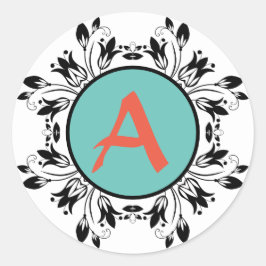 ダマスク白黒モノグラムステッカー ラウンドシール