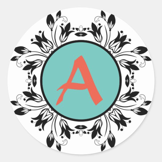 ダマスク白黒モノグラムステッカー ラウンドシール (正面)