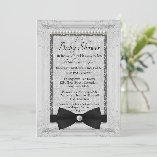ダマスク真珠とボウタイベビーシャワー 招待状 (スタンド正面)