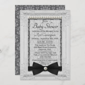 ダマスク真珠とボウタイベビーシャワー 招待状 (正面/裏面)