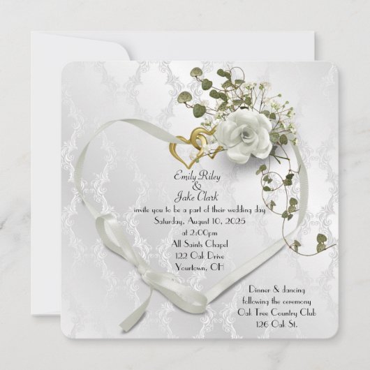 ダマスク結婚のリボンハート セーブザデート (正面)