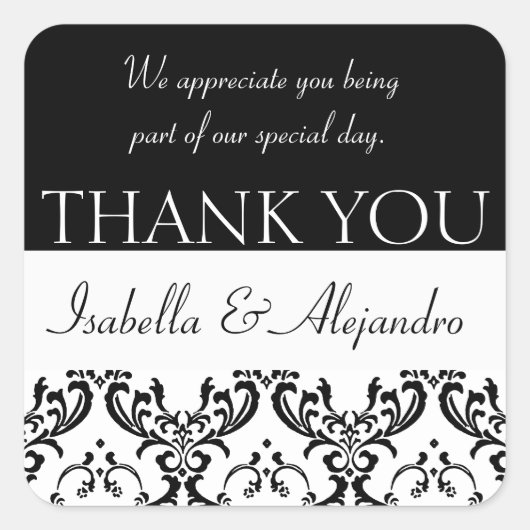 ダマスク結婚式のお願い感謝ラベルブラックスクエア スクエアシール (正面)