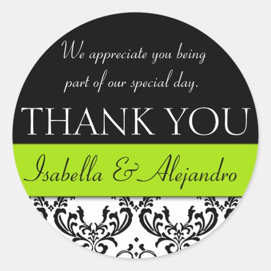 ダマスク結婚式の好意ありがとうラベルライムグリーン ラウンドシール (正面)