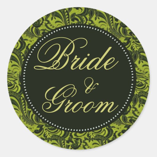 ダマスク緑パターン結婚式用シール ラウンドシール (正面)