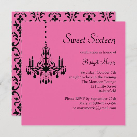 ダマスク織および水晶の誕生日の招待状(明るい赤紫色) 招待状 (正面/裏面)