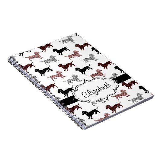 ダマスク織のかわいいパターンのダックスフント ノートブック (右側)