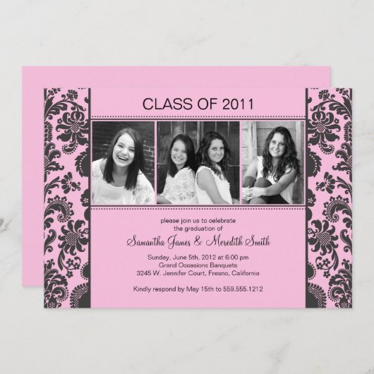 ダマスク織のストライプな卒業生-ピンクか黒 招待状 (正面/裏面)