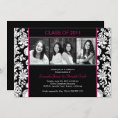 ダマスク織のストライプな卒業生-黒か白または暗い赤紫色 招待状 (正面/裏面)