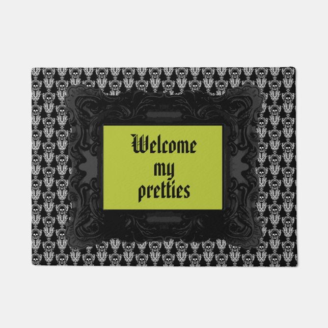 ダマスク織のタキシードのスカルの壁紙 ドアマット (正面)
