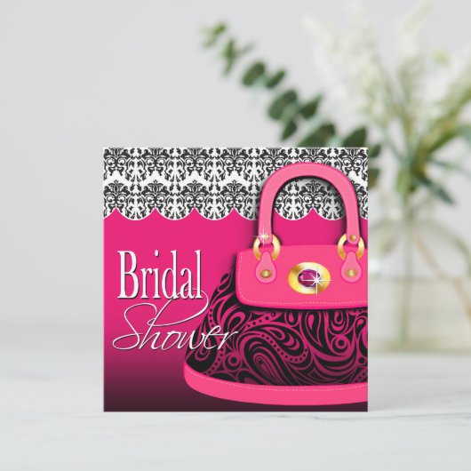 ダマスク織のハンドバッグのペイズリーの財布のブライダルシャワー 招待状 (スタンド正面)