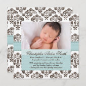 ダマスク織のベビーの発表の青およびブラウン 案内状 (正面/裏面)