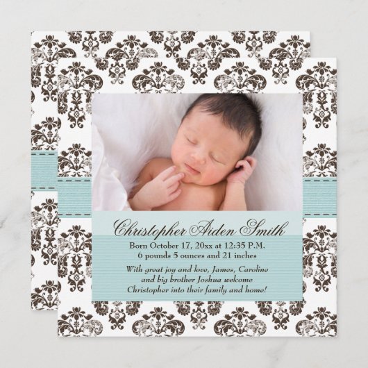 ダマスク織のベビーの発表の青およびブラウン 案内状 (正面/裏面)