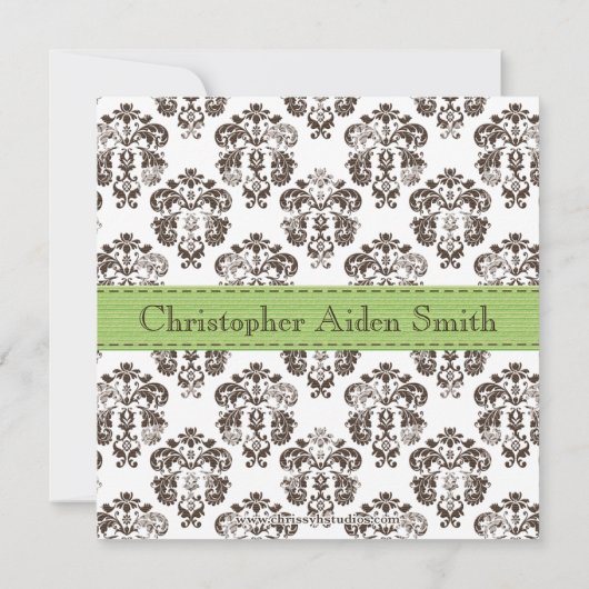 ダマスク織のベビーの誕生の写真Annoucement緑のブラウン 案内状 (裏面)