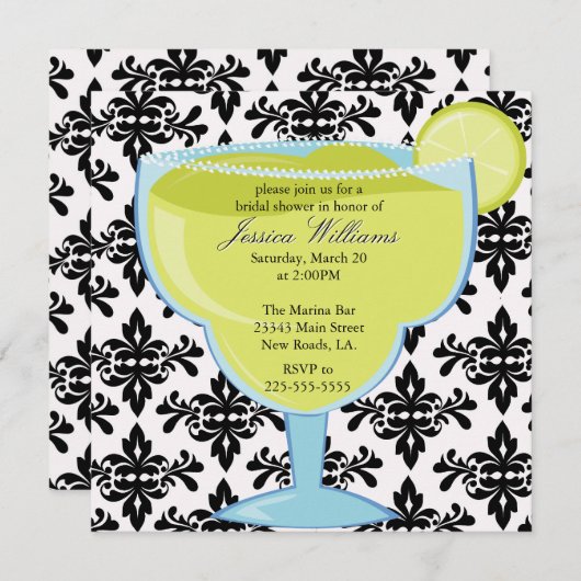 ダマスク織のマルガリータのブライダルシャワー 招待状 (正面/裏面)