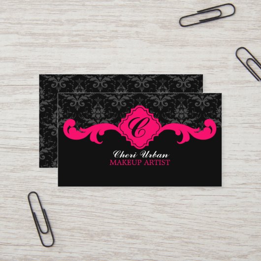 ダマスク織のモノグラムのショッキングピンク 名刺 (正面/裏面インサイチュ)