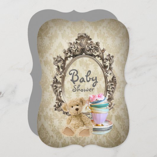 ダマスク織のヴィンテージのテディー・ベアのベビーシャワー招待状 招待状 (正面/裏面)