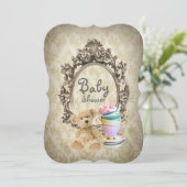 ダマスク織のヴィンテージのテディー・ベアのベビーシャワー招待状 招待状 (スタンド正面)