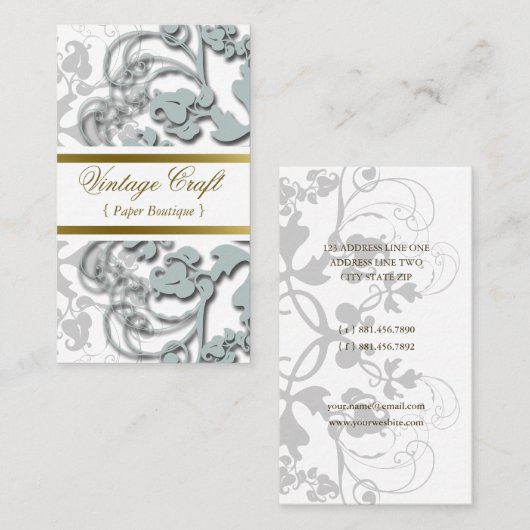 ダマスク織のヴィンテージの花の華麗さのDusky青いエレガント 名刺 (正面/裏面)