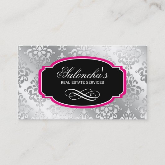 ダマスク織の不動産の名刺の銀のピンク 名刺 (正面)