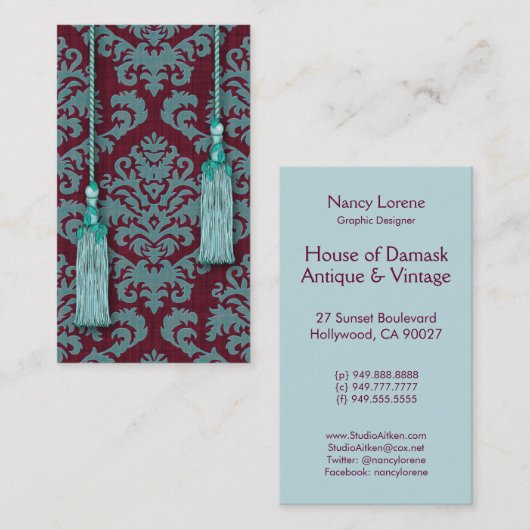 ダマスク織の切口のビロード、ふさおよび葉 名刺 (正面/裏面)