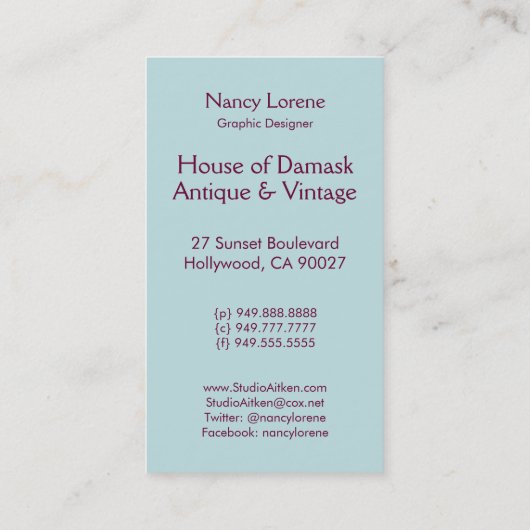 ダマスク織の切口のビロード、ふさおよび葉 名刺 (裏面)