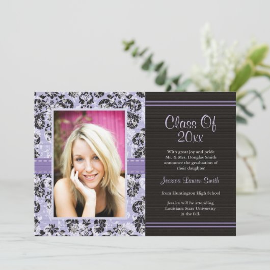 ダマスク織の卒業の写真の発表の招待状Pu 招待状 (スタンド正面)