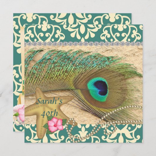 ダマスク織の孔雀のビーチの第50誕生日の招待状 招待状 (正面/裏面)
