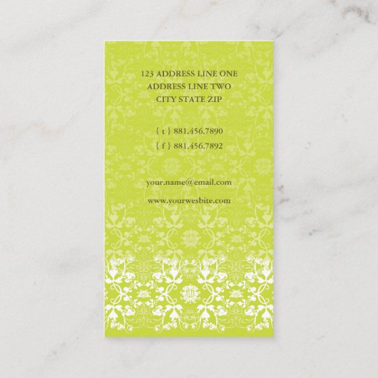 ダマスク織の渦巻のレースのライムのカスタムなプロフィールカード 名刺 (裏面)