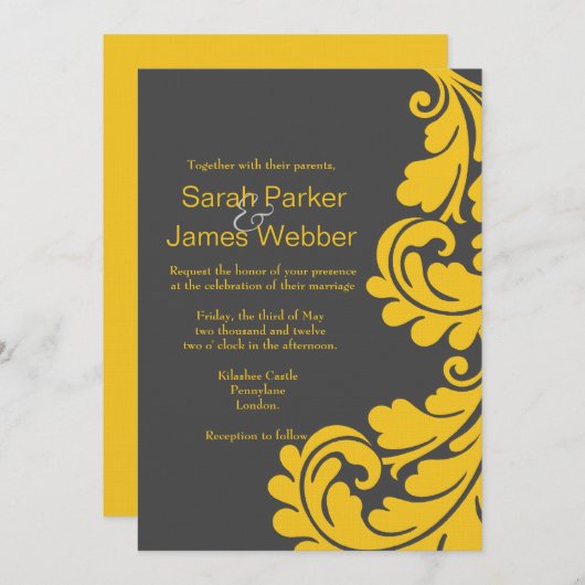 ダマスク織の灰色および黄色のモダンな結婚式招待状 招待状 (正面/裏面)