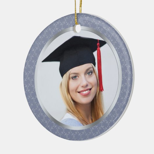 ダマスク織の灰色の青い卒業の写真のオーナメント セラミックオーナメント (左)