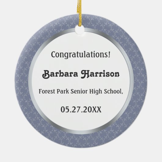 ダマスク織の灰色の青い卒業の写真のオーナメント セラミックオーナメント (裏面)