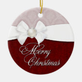 ダマスク織の白いサテンのメリークリスマス セラミックオーナメント (正面)