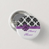 ダマスク織の白黒の紫色の弓メイド・オブ・オーナー（花嫁付き添い人） 缶バッジ (正面&裏面)