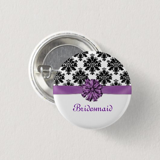 ダマスク織の白黒の紫色の弓結婚式の新婦付添人 缶バッジ (正面&裏面)