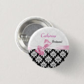 ダマスク織の白黒、ピンクの弓結婚式の新婦付添人 缶バッジ (正面&裏面)