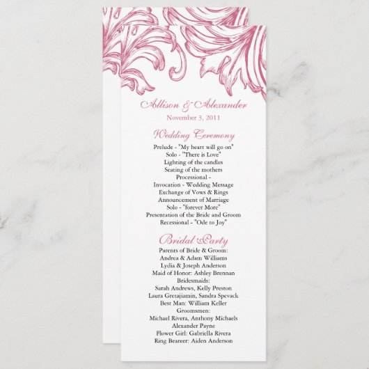 ダマスク織の結婚式プログラムのハニーサックルのピンク プログラム (正面/裏面)