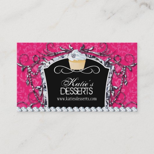 ダマスク織の花型女性歌手のカップケーキのベーカリーの名刺 名刺 (正面)