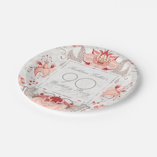 ダマスク織の花柄の第90誕生会の紙皿 ペーパープレート (アングル)