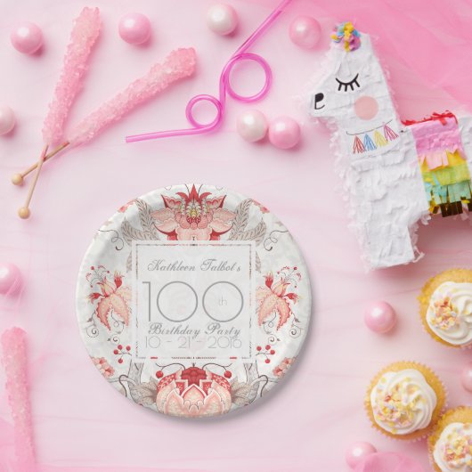 ダマスク織の花柄の100th誕生会の紙皿 ペーパープレート (パーティー)