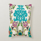 ダマスク織の花柄パターンプラムターコイズ アクセントクッション (裏面(縦))