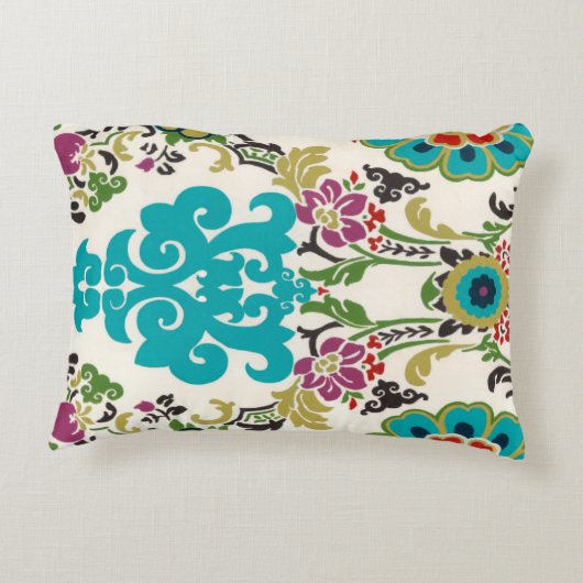 ダマスク織の花柄パターンプラムターコイズ アクセントクッション (裏面)